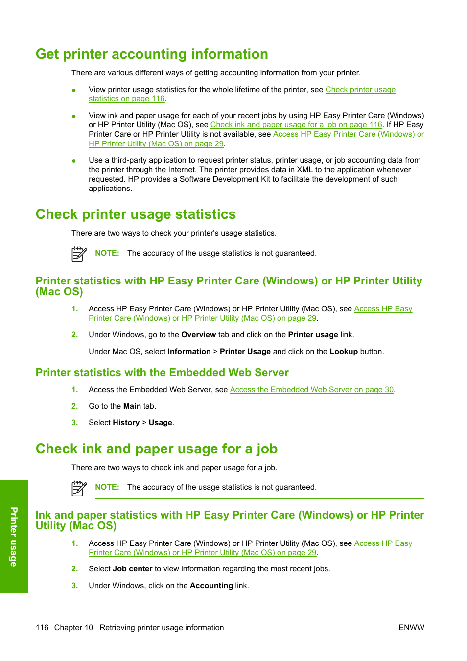 Get printer accounting information, Check printer usage statistics, Printer statistics with the embedded web server | Check ink and paper usage for a job | HP Designjet T1100 MFP series User Manual | Page 128 / 220