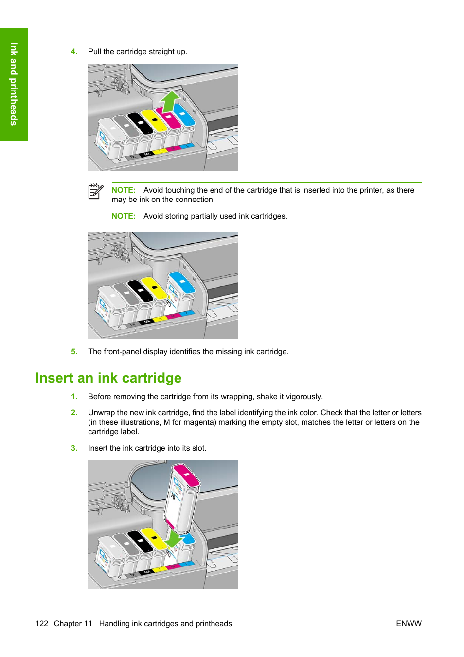 Insert an ink cartridge | HP Designjet T1100 MFP series User Manual | Page 134 / 220