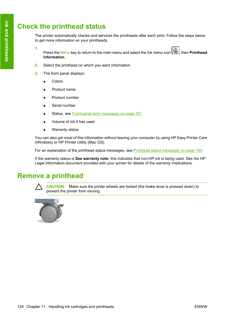 Check the printhead status, Remove a printhead, Check the printhead status remove a printhead | HP Designjet T1100 MFP series User Manual | Page 136 / 220