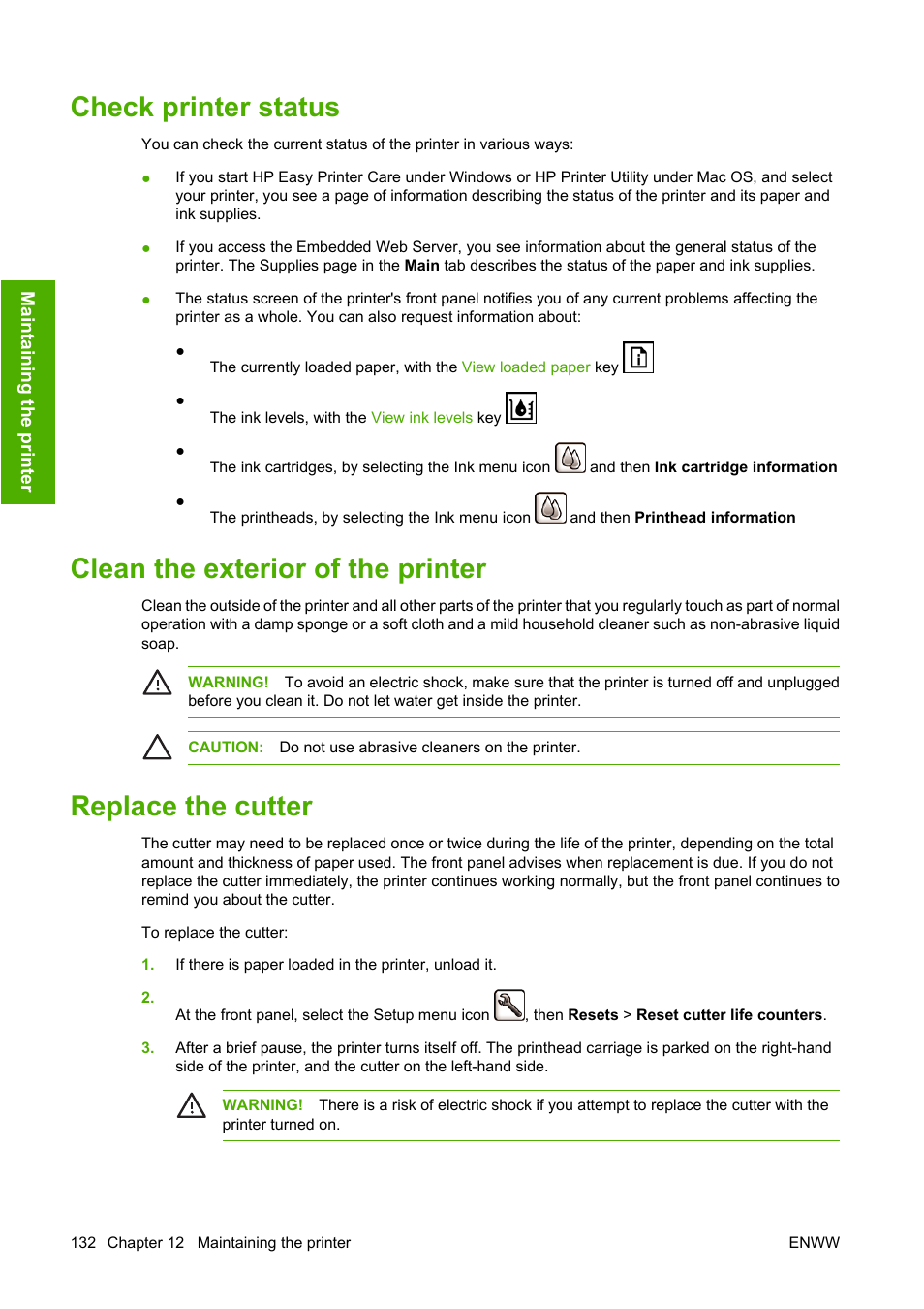 Check printer status, Clean the exterior of the printer, Replace the cutter | HP Designjet T1100 MFP series User Manual | Page 144 / 220