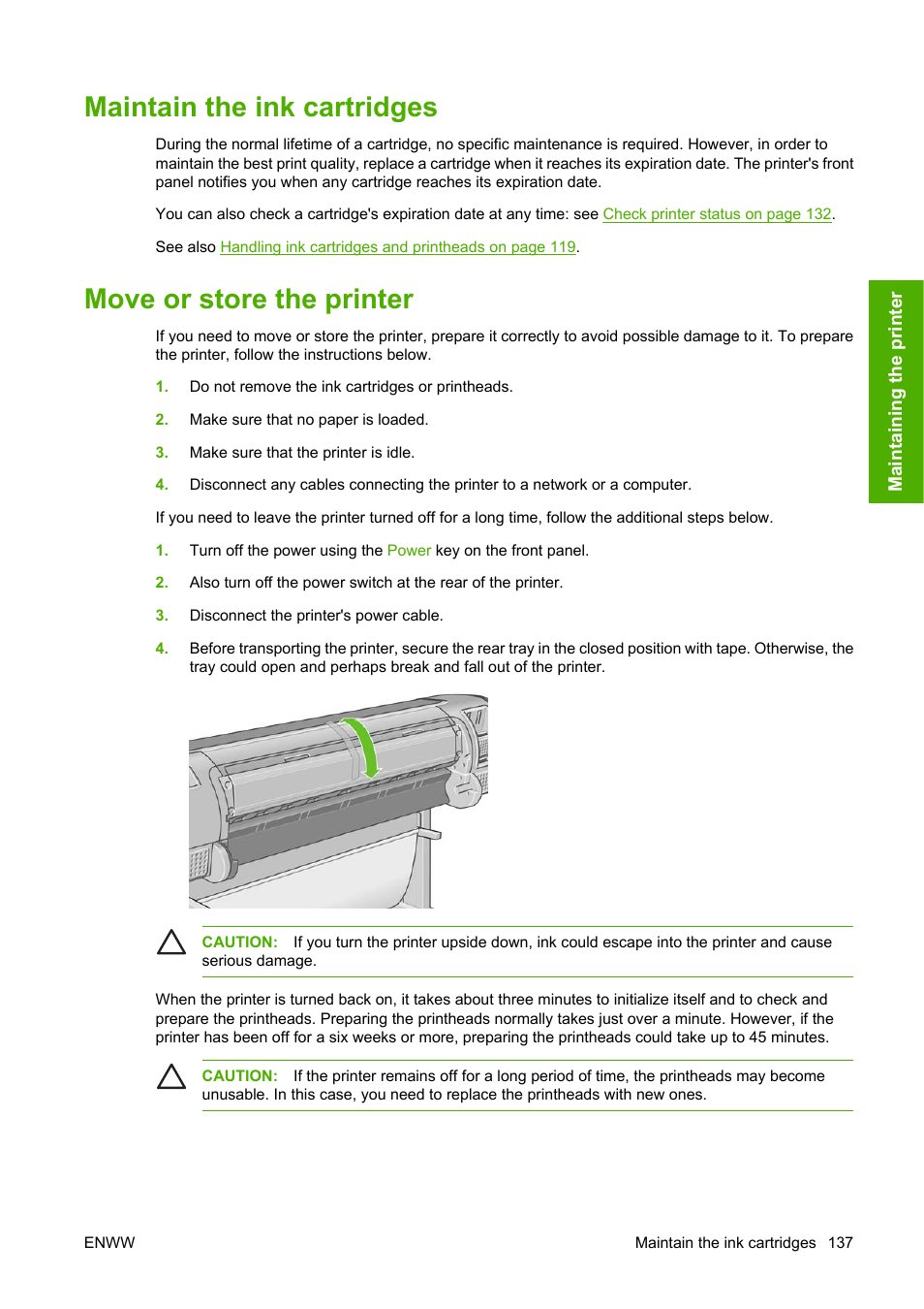 Maintain the ink cartridges, Move or store the printer | HP Designjet T1100 MFP series User Manual | Page 149 / 220