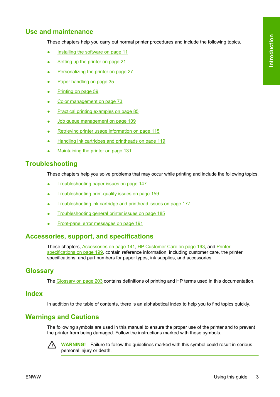 Use and maintenance, Troubleshooting, Accessories, support, and specifications | Glossary, Index, Warnings and cautions | HP Designjet T1100 MFP series User Manual | Page 15 / 220