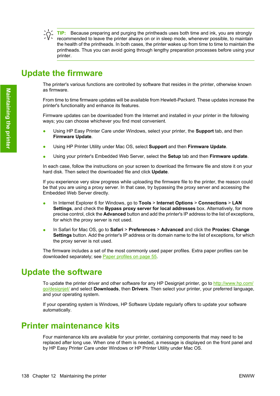 Update the firmware, Update the software, Printer maintenance kits | HP Designjet T1100 MFP series User Manual | Page 150 / 220