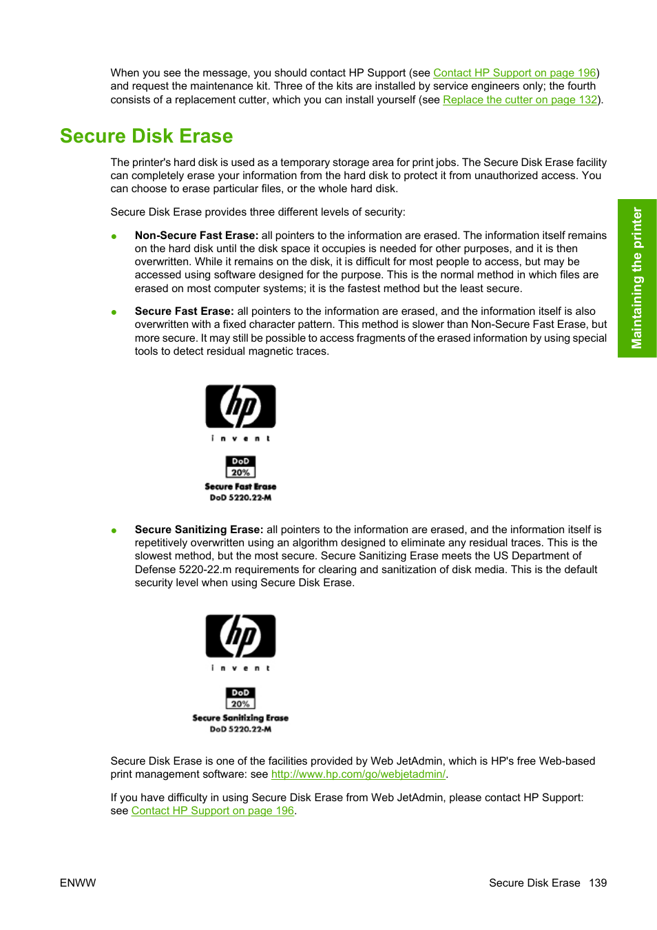 Secure disk erase | HP Designjet T1100 MFP series User Manual | Page 151 / 220