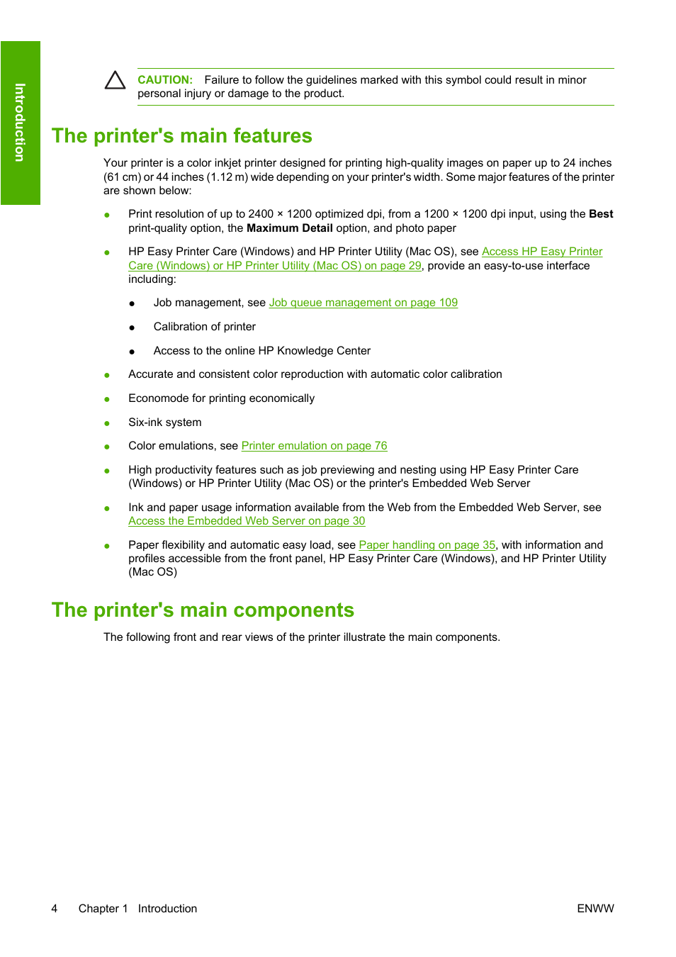 The printer's main features, The printer's main components | HP Designjet T1100 MFP series User Manual | Page 16 / 220
