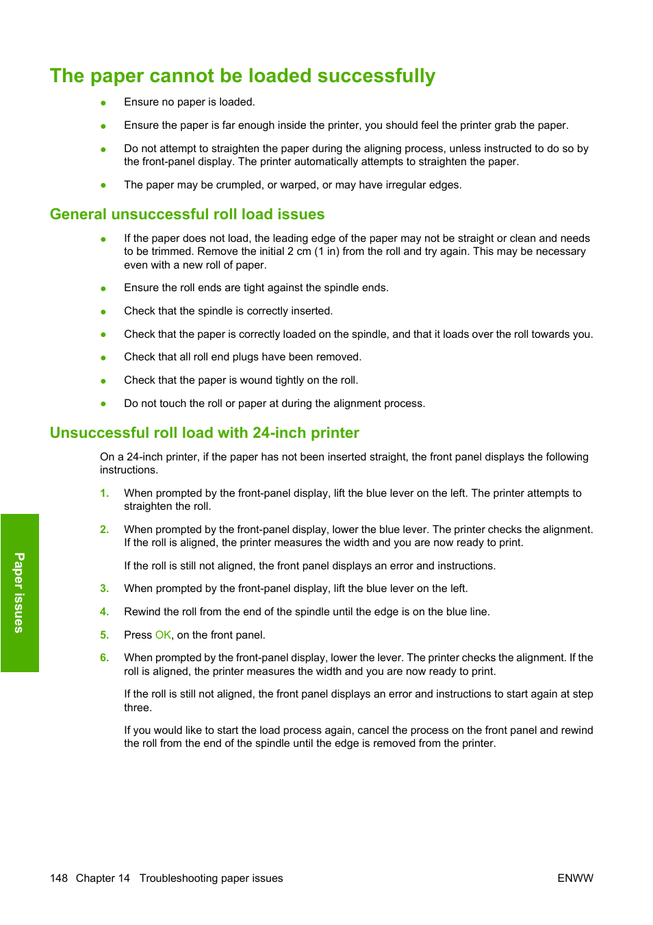 The paper cannot be loaded successfully, General unsuccessful roll load issues, Unsuccessful roll load with 24-inch printer | HP Designjet T1100 MFP series User Manual | Page 160 / 220