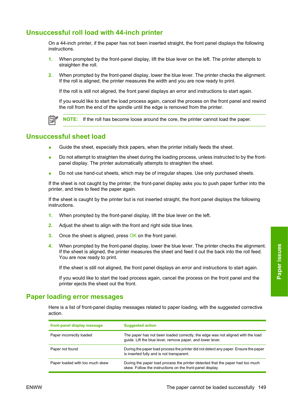 Unsuccessful roll load with 44-inch printer, Unsuccessful sheet load, Paper loading error messages | HP Designjet T1100 MFP series User Manual | Page 161 / 220