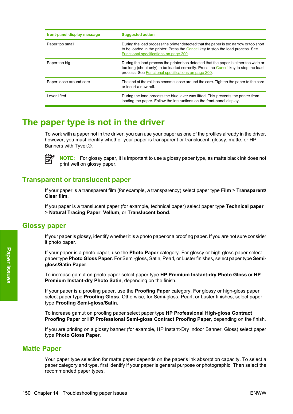 The paper type is not in the driver, Transparent or translucent paper, Glossy paper | Matte paper, Paper issues | HP Designjet T1100 MFP series User Manual | Page 162 / 220