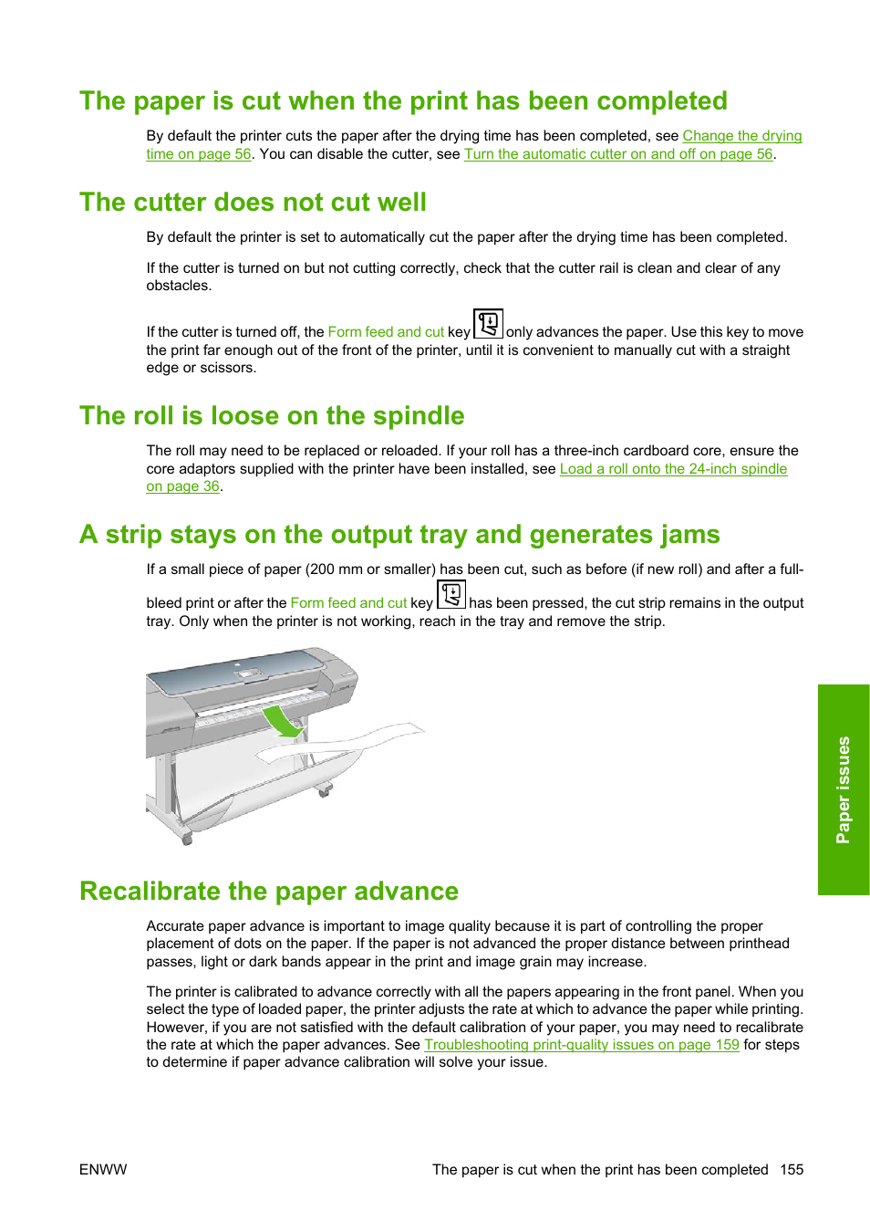 The paper is cut when the print has been completed, The cutter does not cut well, The roll is loose on the spindle | Recalibrate the paper advance | HP Designjet T1100 MFP series User Manual | Page 167 / 220