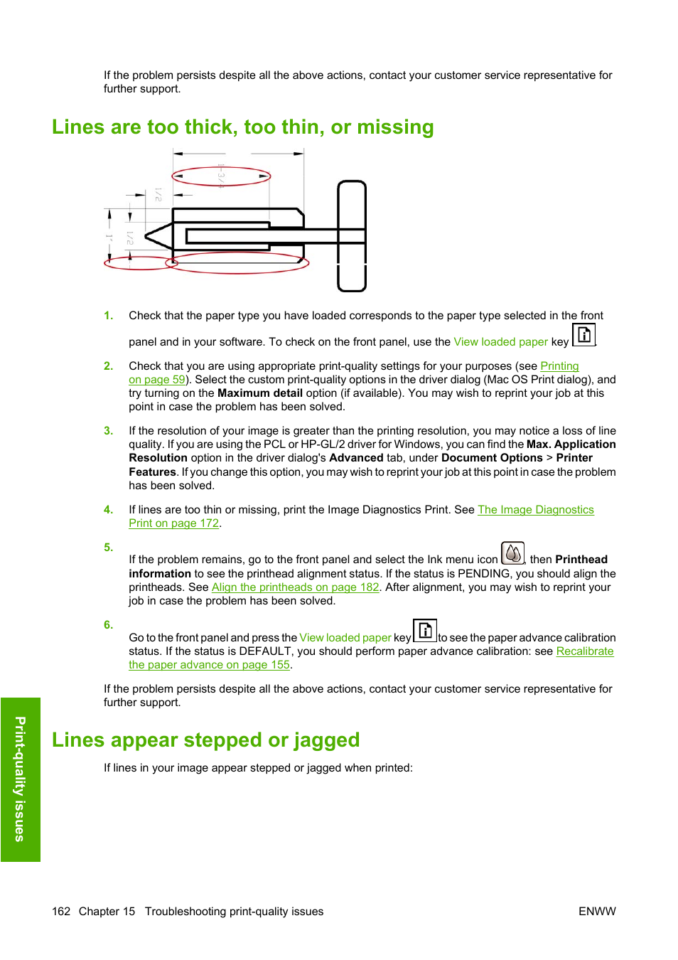 Lines are too thick, too thin, or missing, Lines appear stepped or jagged | HP Designjet T1100 MFP series User Manual | Page 174 / 220
