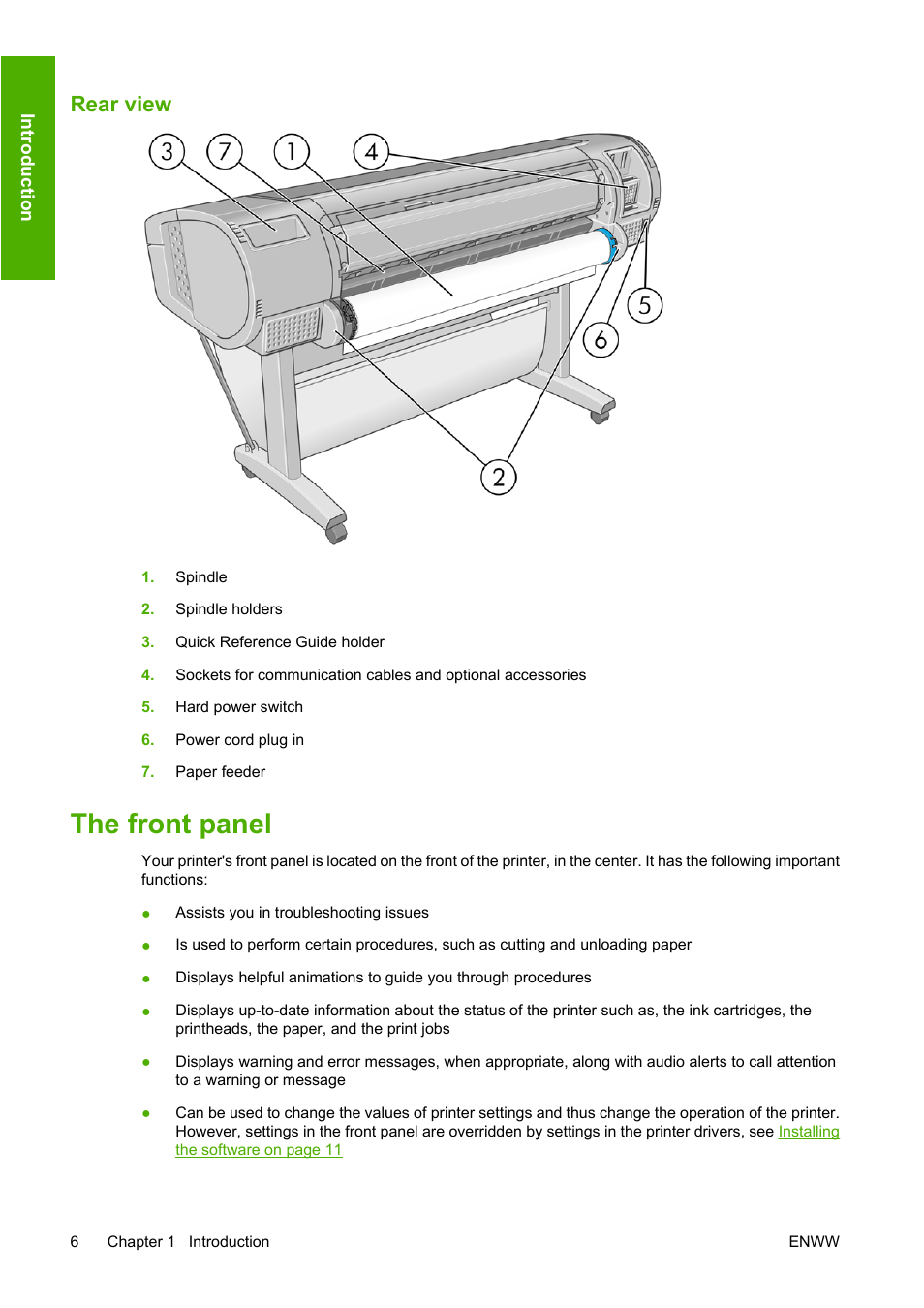 Rear view, The front panel | HP Designjet T1100 MFP series User Manual | Page 18 / 220