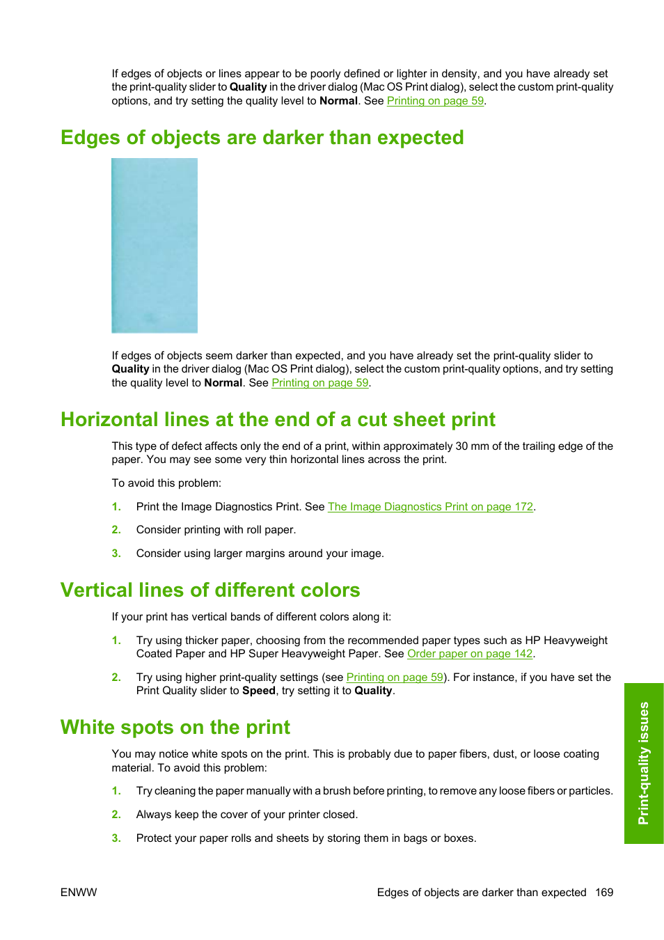 Edges of objects are darker than expected, Horizontal lines at the end of a cut sheet print, Vertical lines of different colors | White spots on the print | HP Designjet T1100 MFP series User Manual | Page 181 / 220