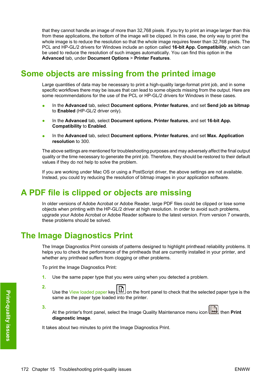 Some objects are missing from the printed image, A pdf file is clipped or objects are missing, The image diagnostics print | The image diagnostics | HP Designjet T1100 MFP series User Manual | Page 184 / 220