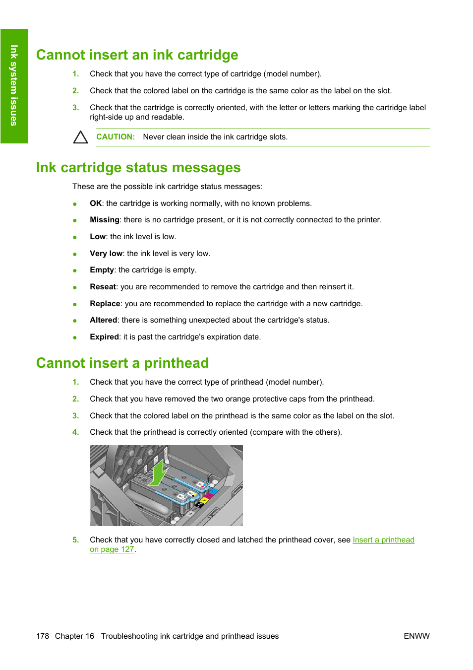 Cannot insert an ink cartridge, Ink cartridge status messages, Cannot insert a printhead | Ges, see | HP Designjet T1100 MFP series User Manual | Page 190 / 220