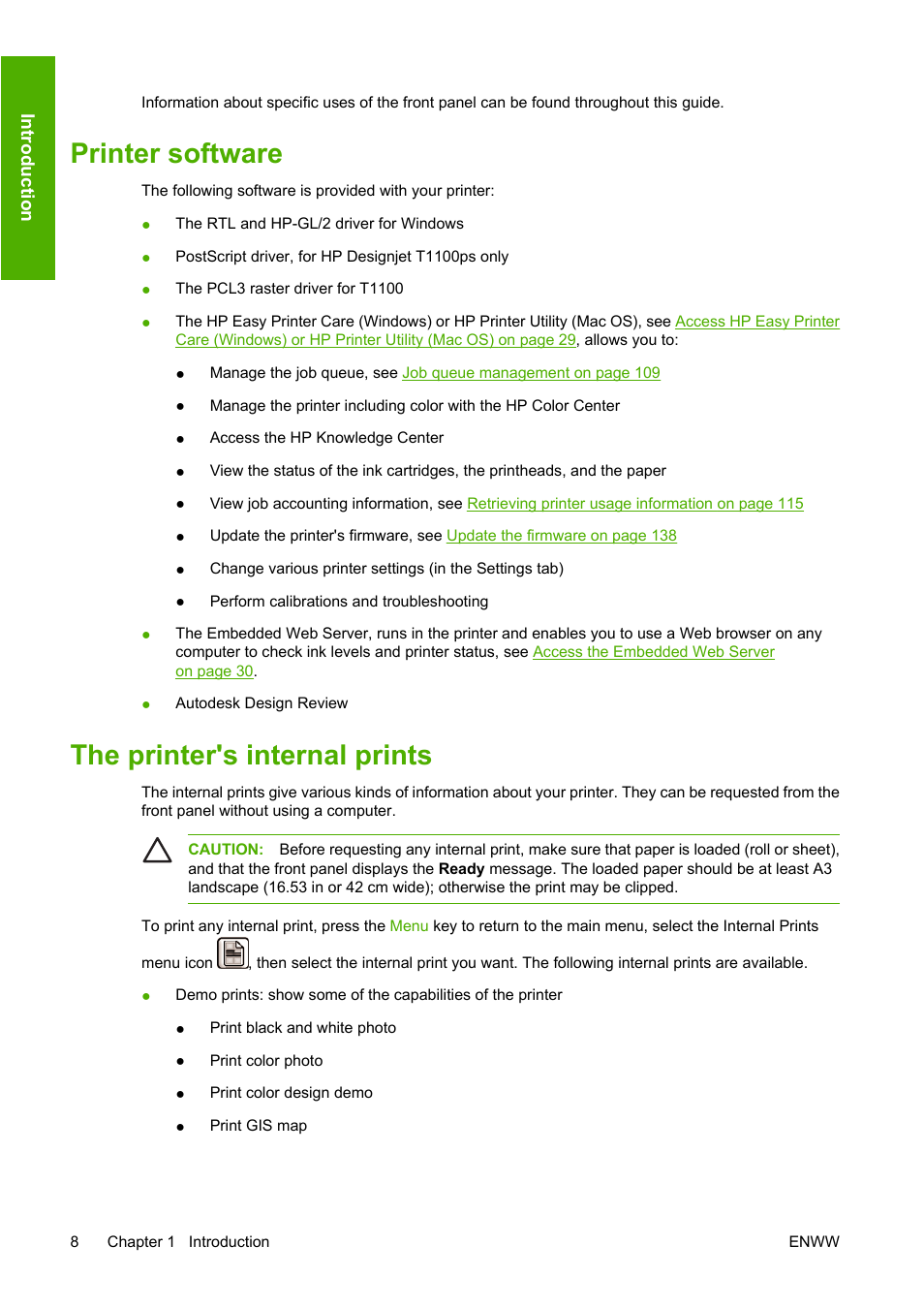 Printer software, The printer's internal prints, Printer software the printer's internal prints | HP Designjet T1100 MFP series User Manual | Page 20 / 220