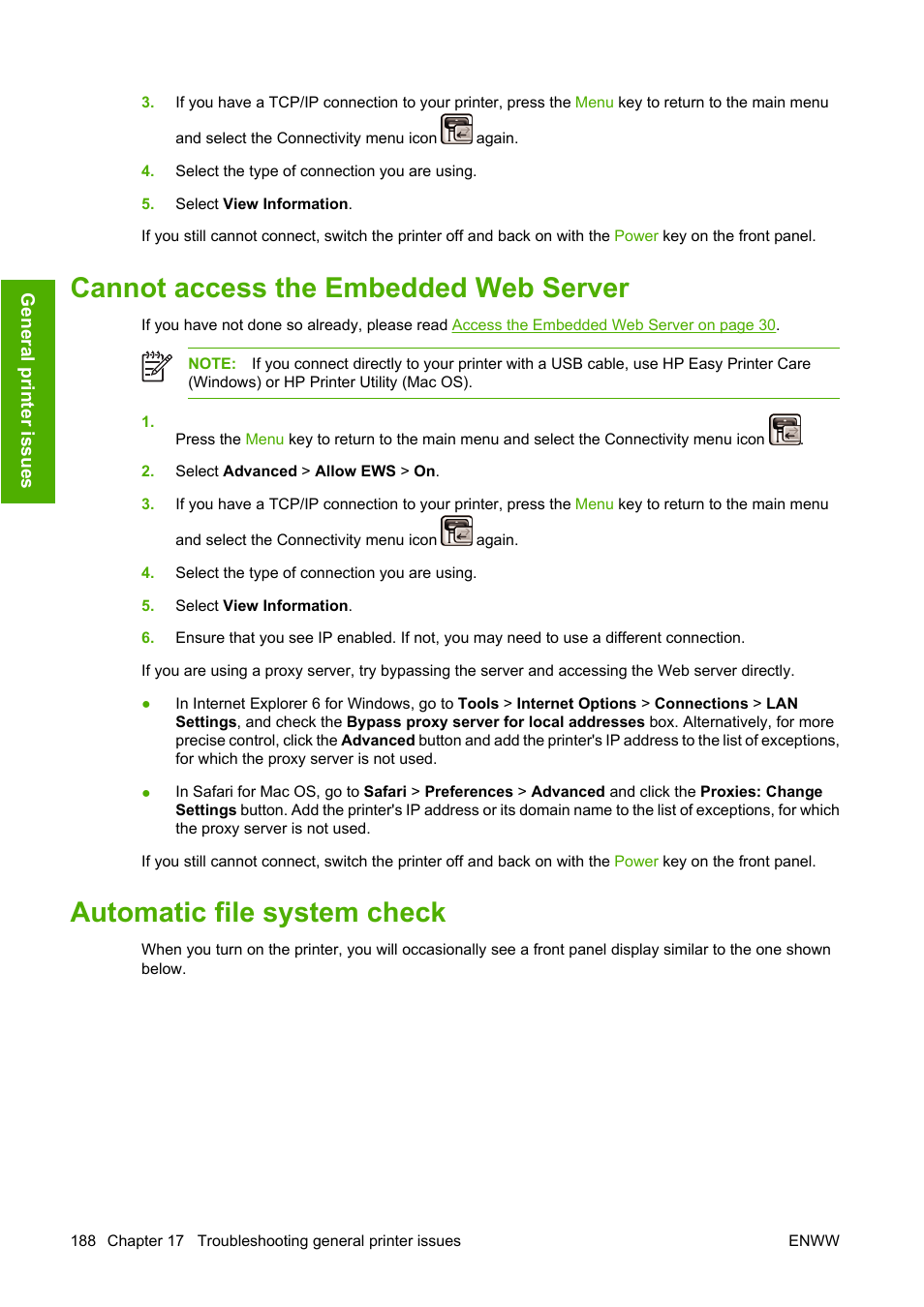 Cannot access the embedded web server, Automatic file system check | HP Designjet T1100 MFP series User Manual | Page 200 / 220