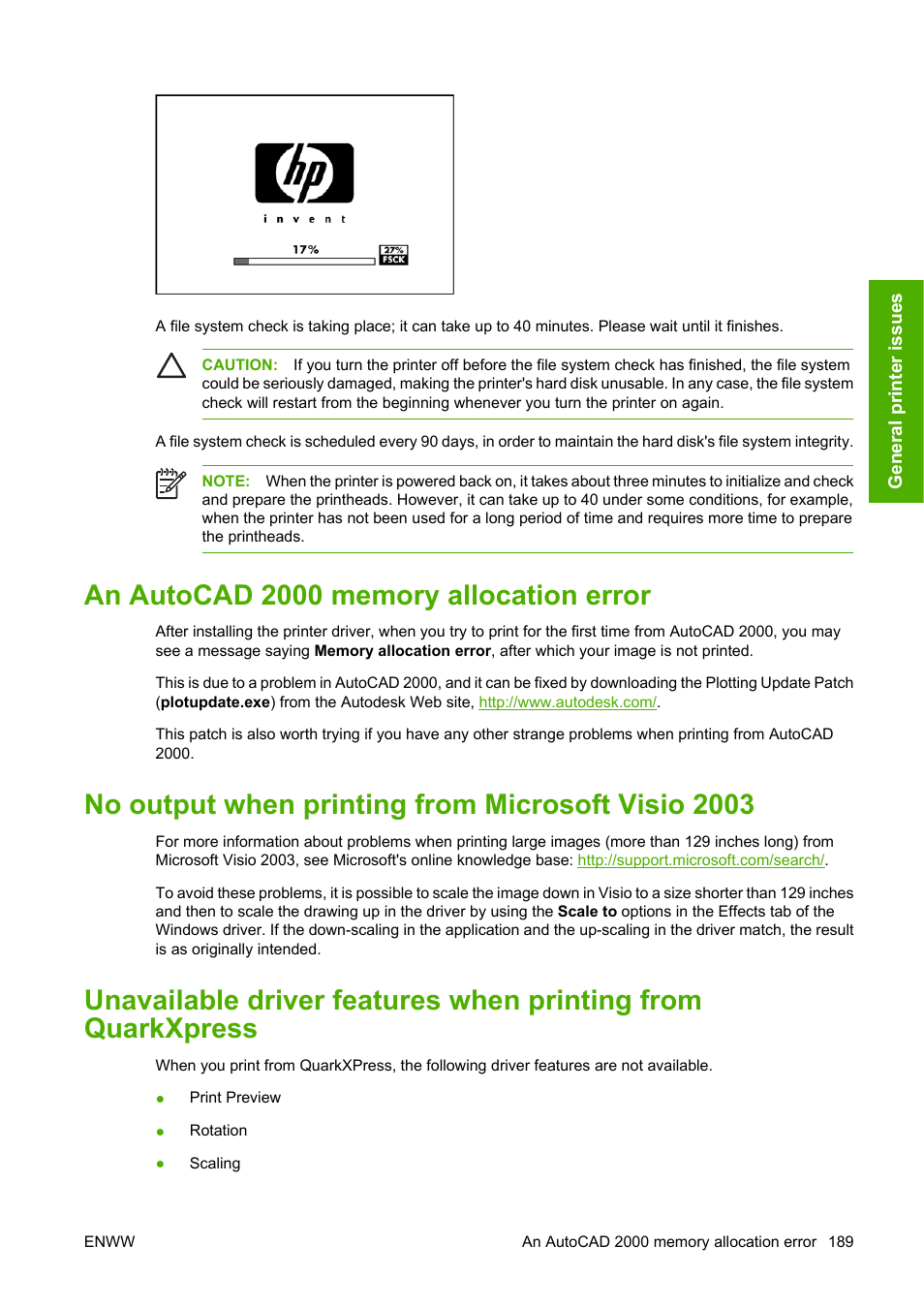 An autocad 2000 memory allocation error, No output when printing from microsoft visio 2003 | HP Designjet T1100 MFP series User Manual | Page 201 / 220