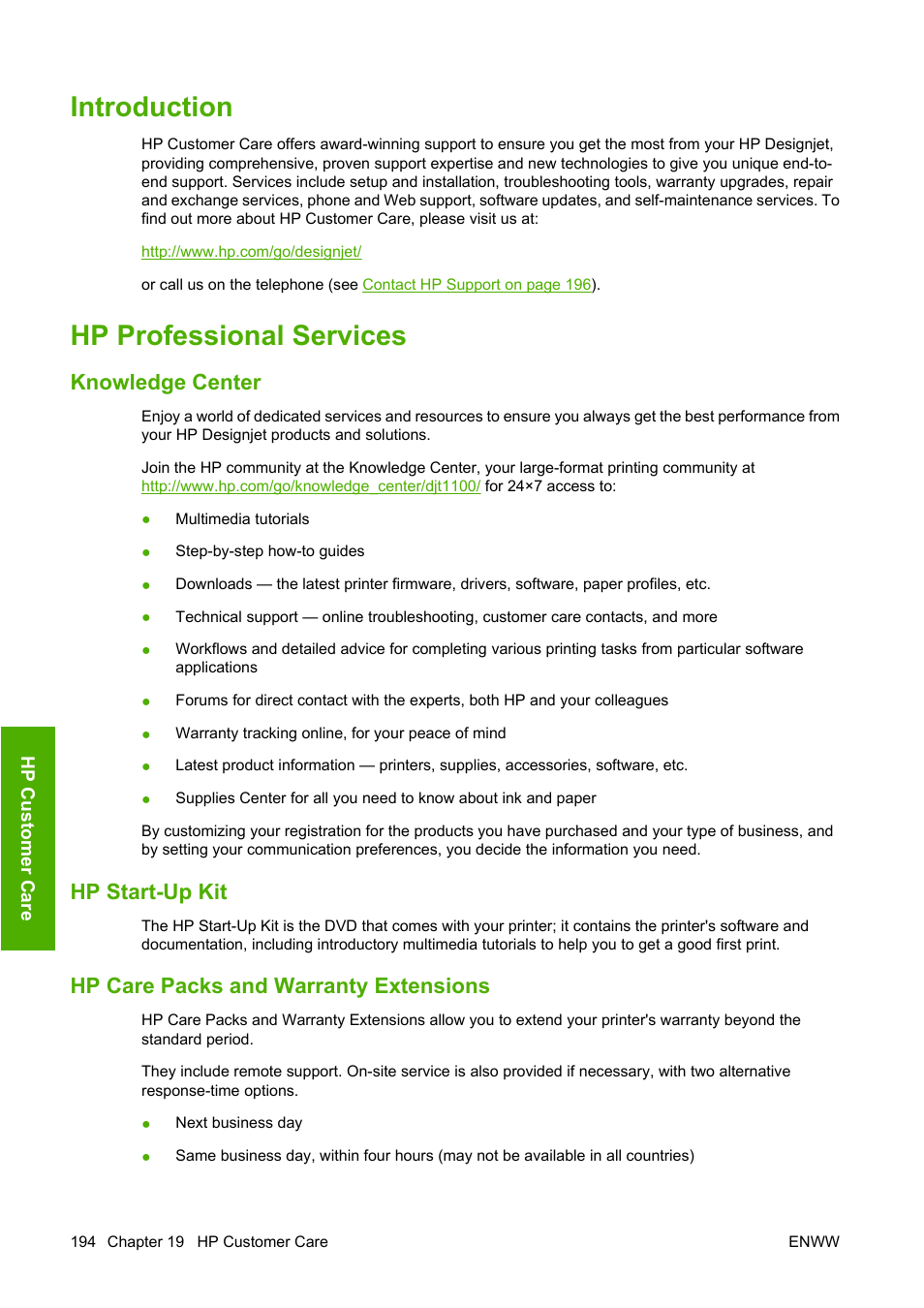 Introduction, Hp professional services, Knowledge center | Hp start-up kit, Hp care packs and warranty extensions, Introduction hp professional services | HP Designjet T1100 MFP series User Manual | Page 206 / 220