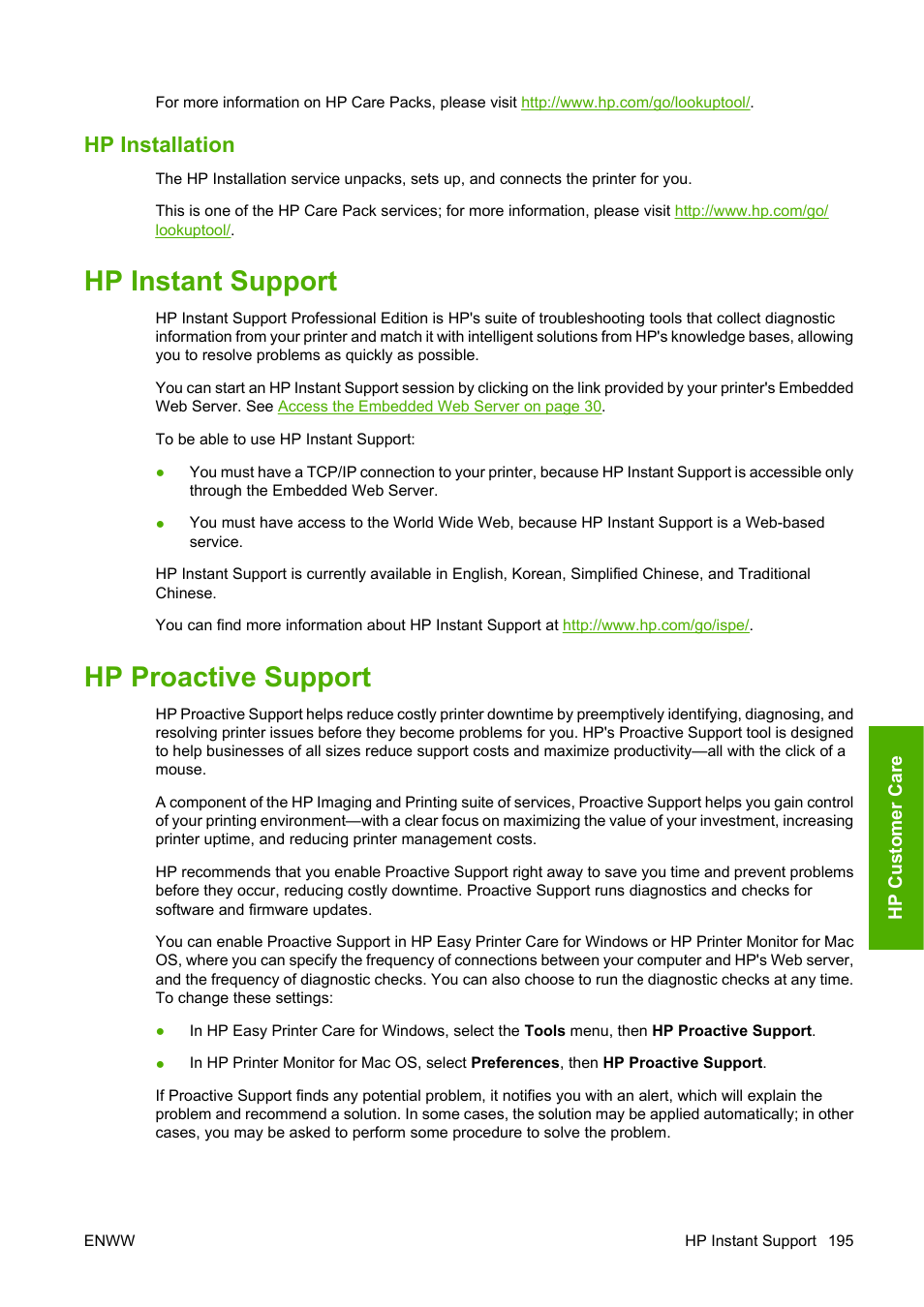 Hp installation, Hp instant support, Hp proactive support | Hp instant support hp proactive support | HP Designjet T1100 MFP series User Manual | Page 207 / 220