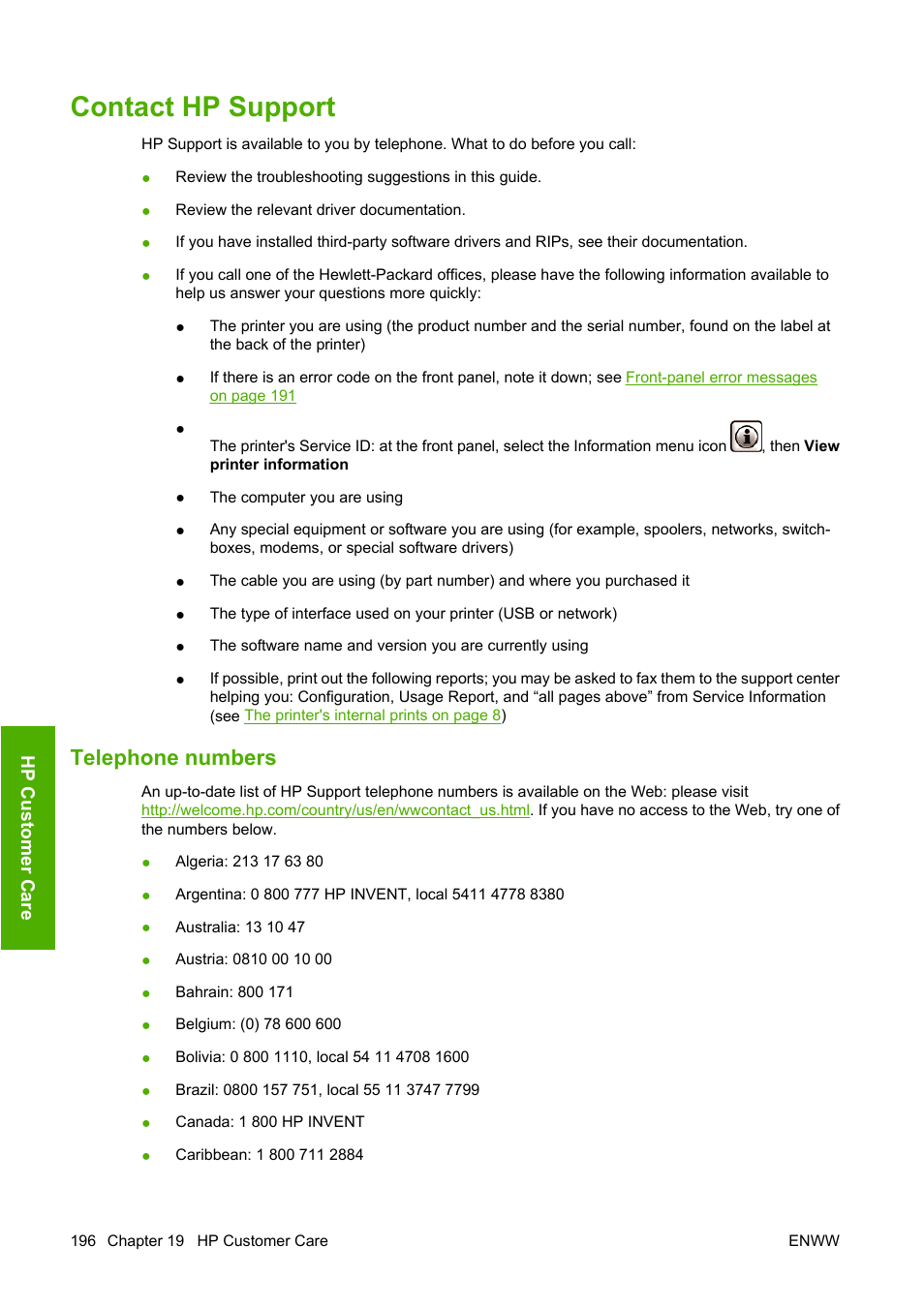 Contact hp support, Telephone numbers | HP Designjet T1100 MFP series User Manual | Page 208 / 220