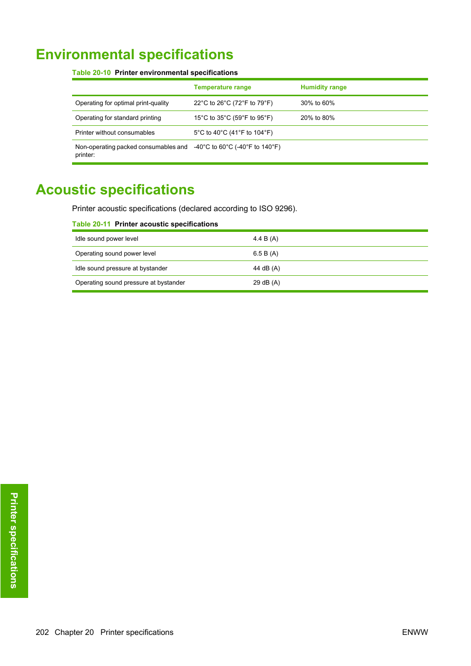 Environmental specifications, Acoustic specifications, Printing. see | Prin ter sp ecificatio ns | HP Designjet T1100 MFP series User Manual | Page 214 / 220