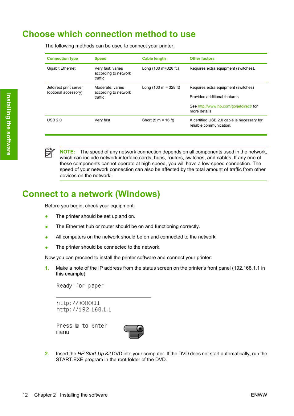 Choose which connection method to use, Connect to a network (windows) | HP Designjet T1100 MFP series User Manual | Page 24 / 220