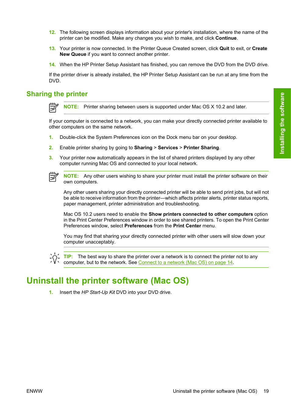 Sharing the printer, Uninstall the printer software (mac os) | HP Designjet T1100 MFP series User Manual | Page 31 / 220