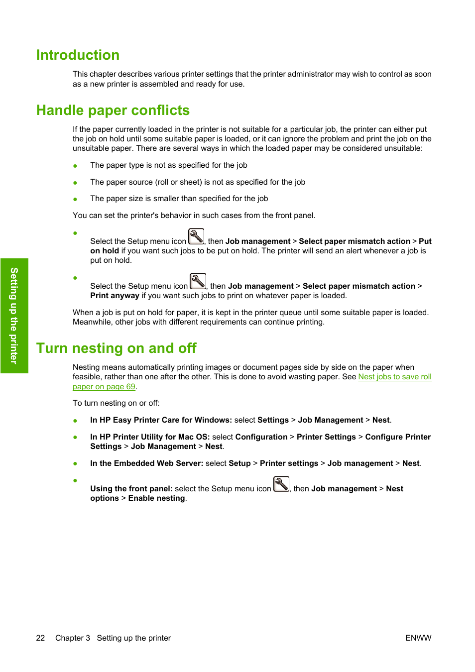 Introduction, Handle paper conflicts, Turn nesting on and off | HP Designjet T1100 MFP series User Manual | Page 34 / 220