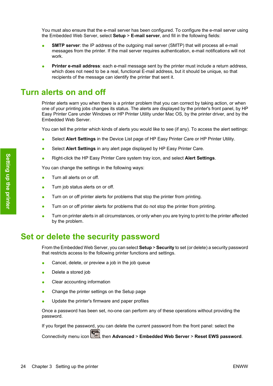 Turn alerts on and off, Set or delete the security password | HP Designjet T1100 MFP series User Manual | Page 36 / 220