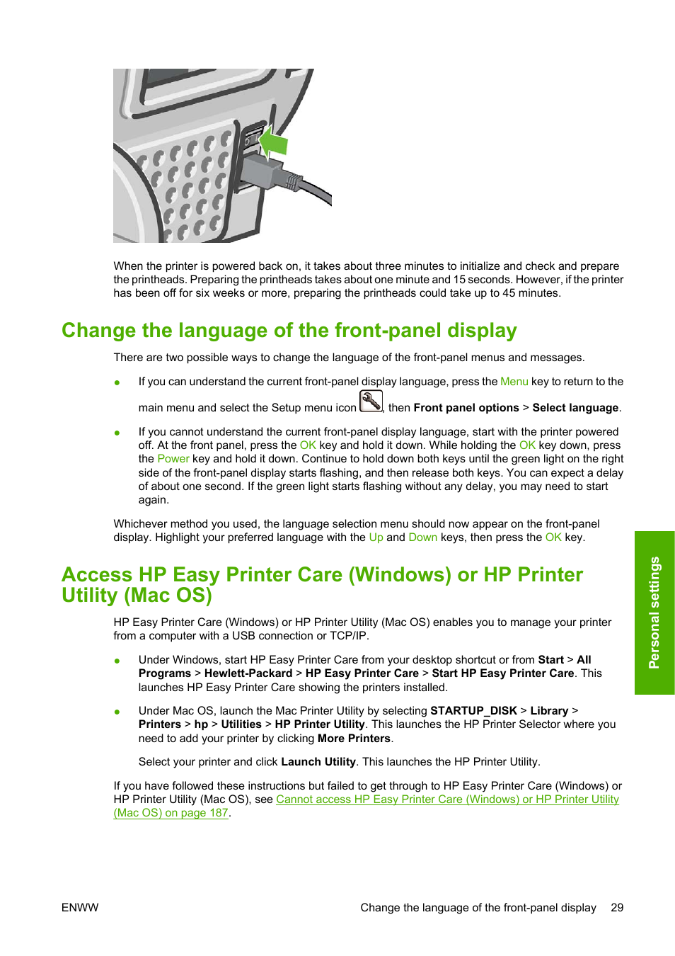 Change the language of the front-panel display, Mac os), see, Access hp easy printer | Os), see | HP Designjet T1100 MFP series User Manual | Page 41 / 220