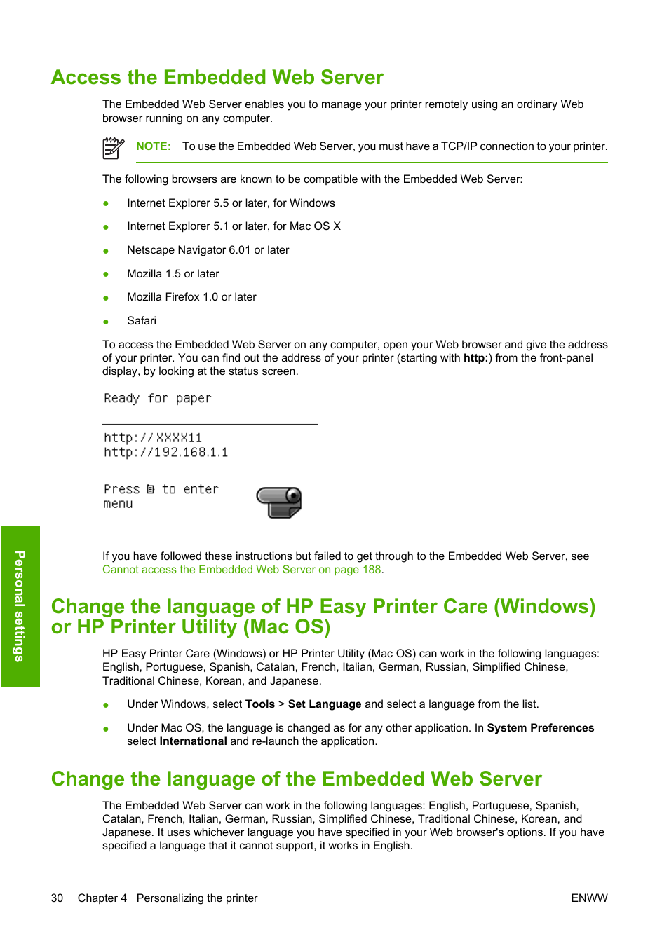 Access the embedded web server, Change the language of the embedded web server | HP Designjet T1100 MFP series User Manual | Page 42 / 220