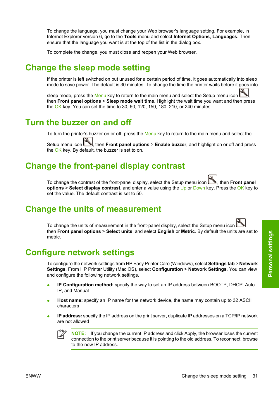 Change the sleep mode setting, Turn the buzzer on and off, Change the front-panel display contrast | Change the units of measurement, Configure network settings | HP Designjet T1100 MFP series User Manual | Page 43 / 220