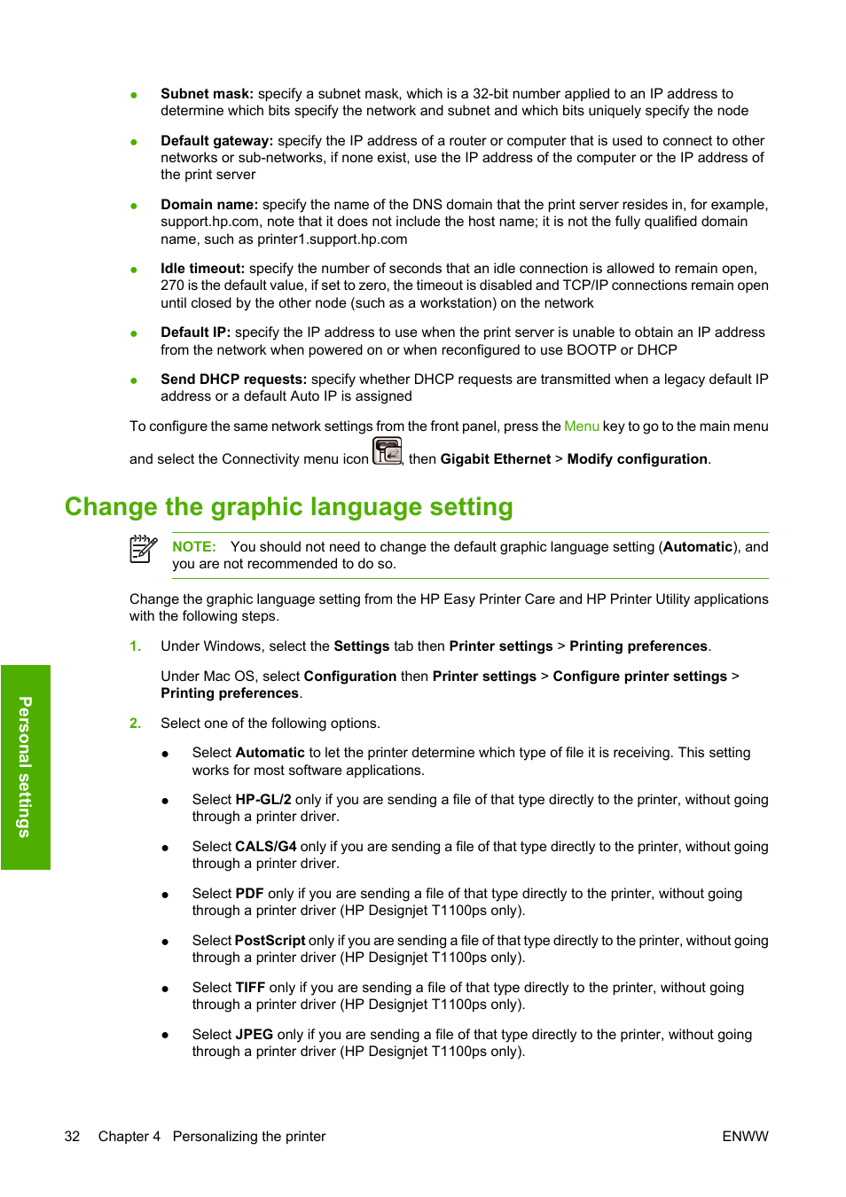 Change the graphic language setting | HP Designjet T1100 MFP series User Manual | Page 44 / 220