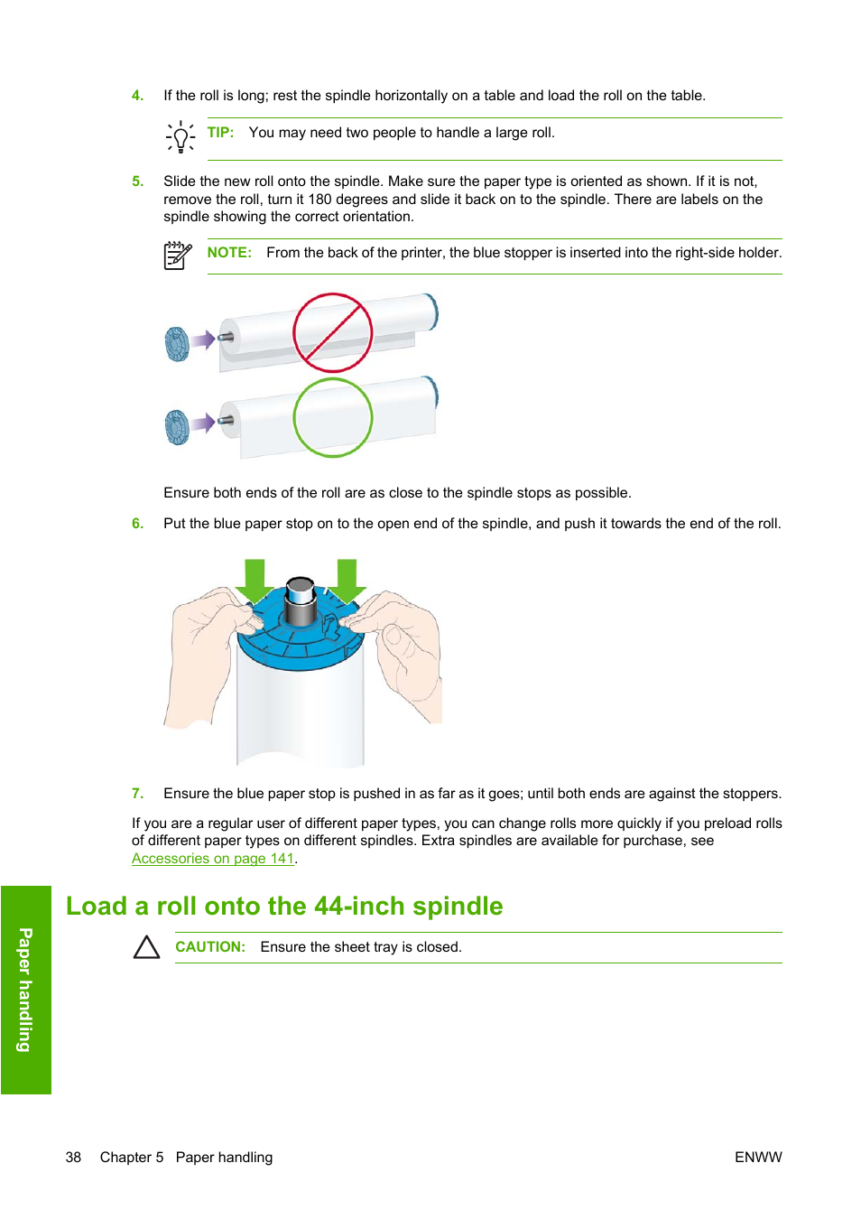 Load a roll onto the 44-inch spindle | HP Designjet T1100 MFP series User Manual | Page 50 / 220