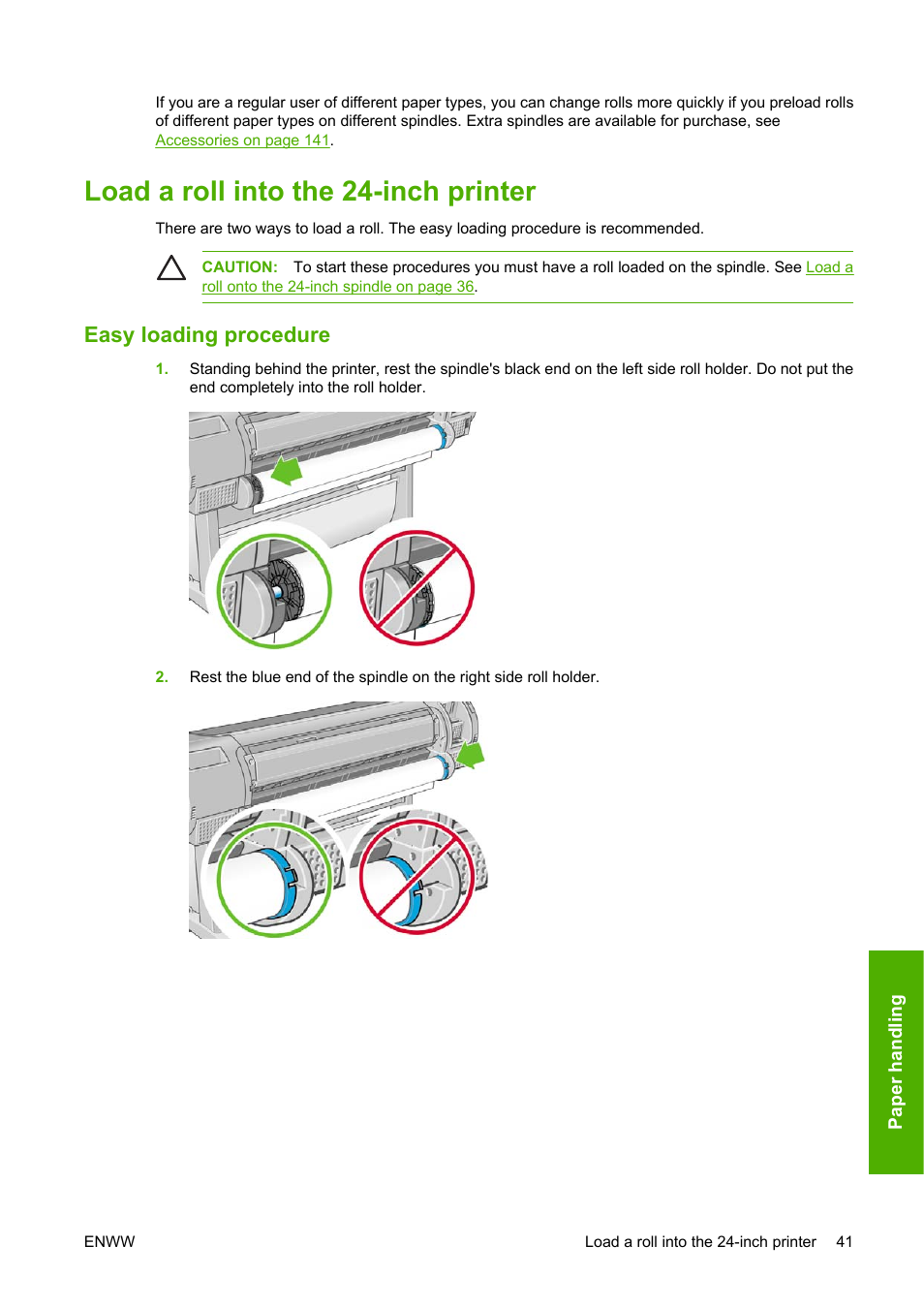 Load a roll into the 24-inch printer, Easy loading procedure | HP Designjet T1100 MFP series User Manual | Page 53 / 220