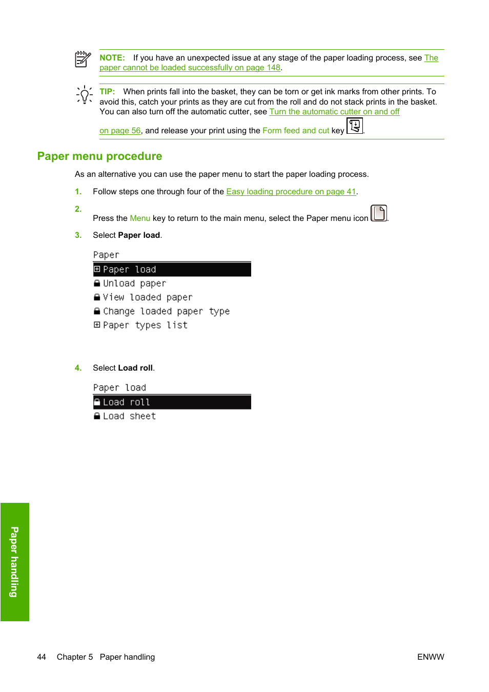 Paper menu procedure | HP Designjet T1100 MFP series User Manual | Page 56 / 220