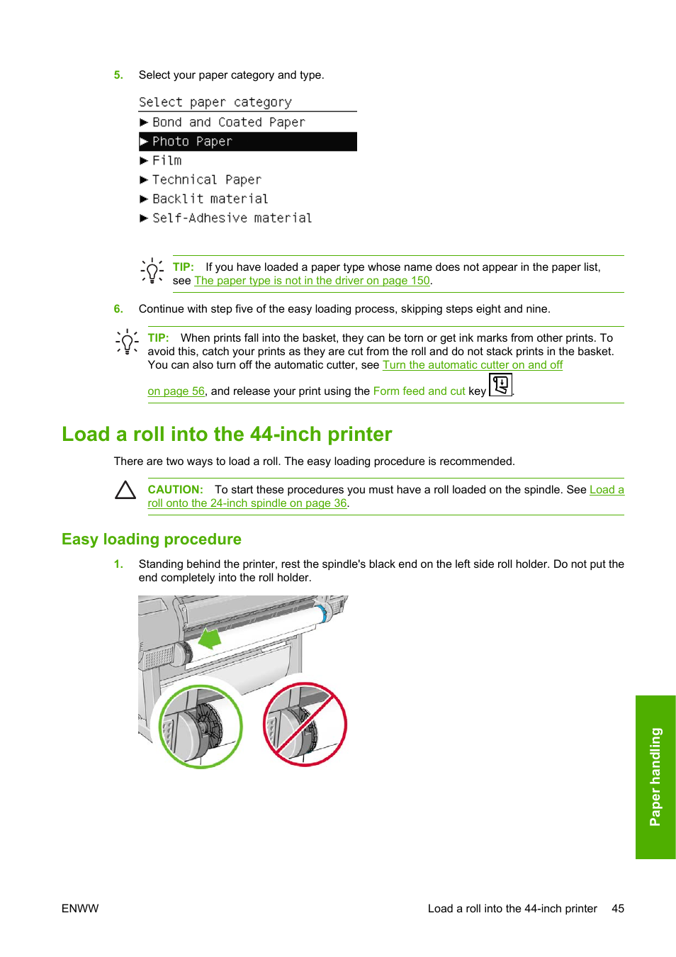 Load a roll into the 44-inch printer, Easy loading procedure | HP Designjet T1100 MFP series User Manual | Page 57 / 220