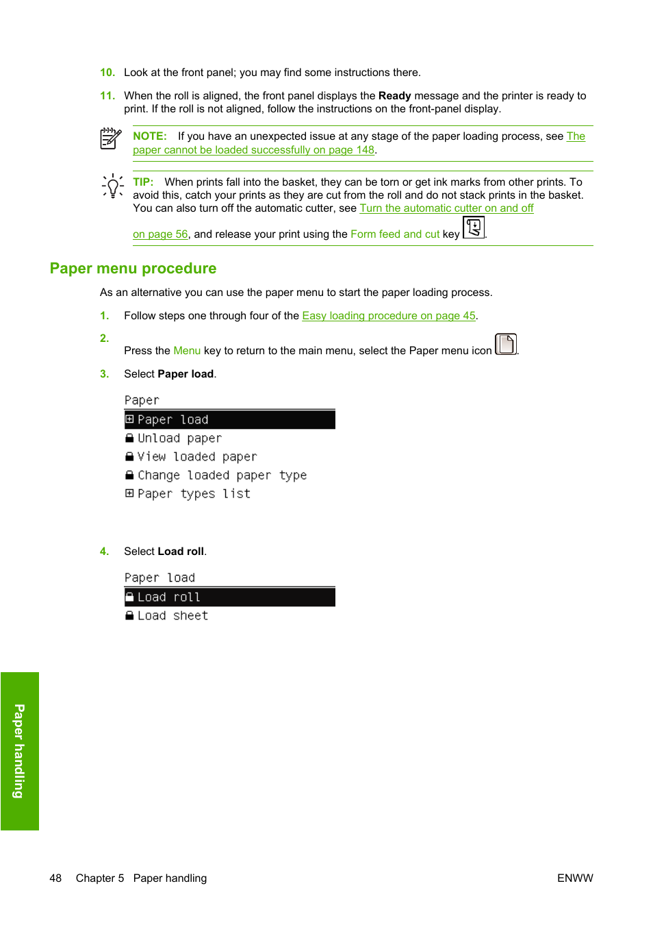 Paper menu procedure | HP Designjet T1100 MFP series User Manual | Page 60 / 220
