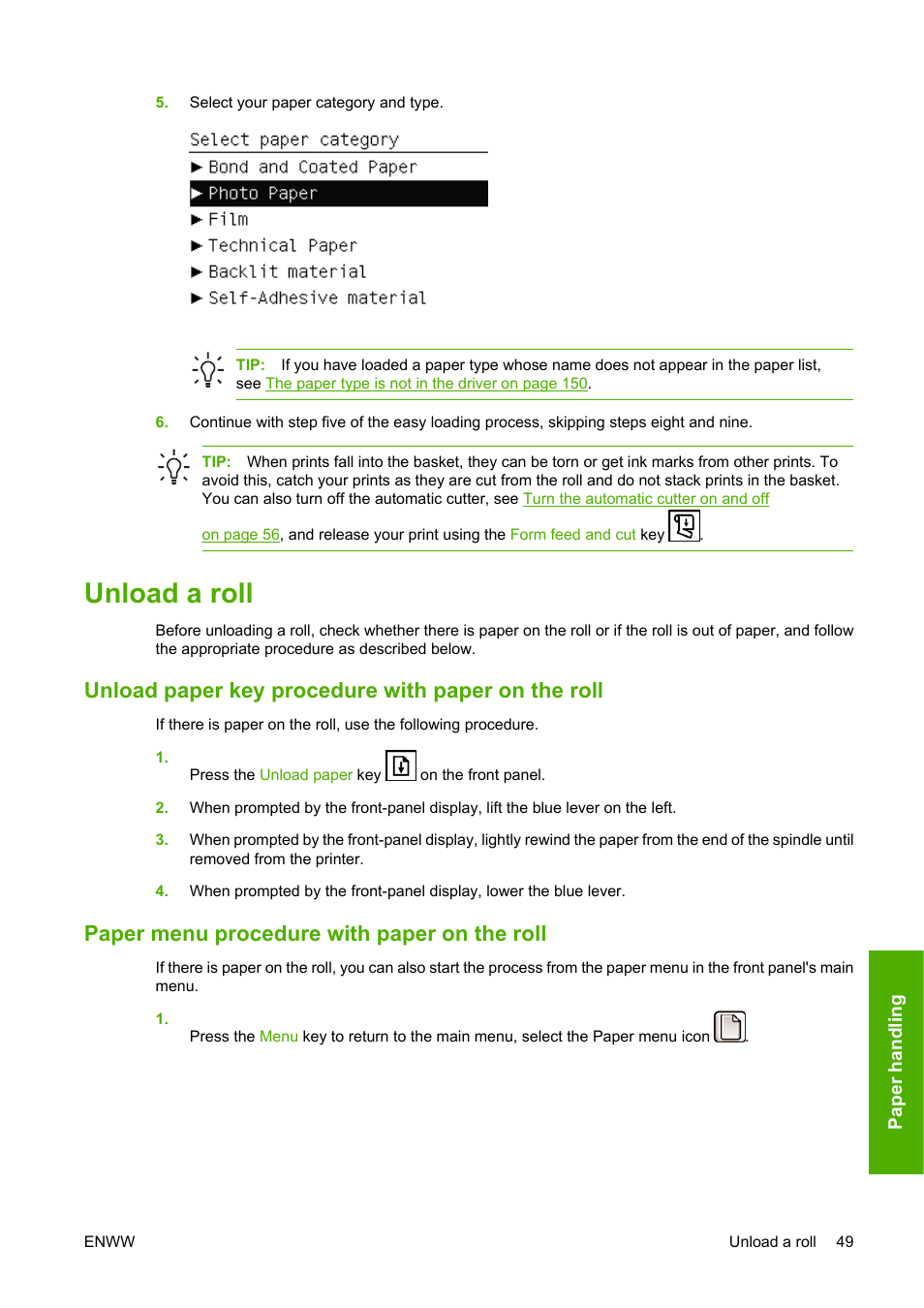 Unload a roll, Unload paper key procedure with paper on the roll, Paper menu procedure with paper on the roll | HP Designjet T1100 MFP series User Manual | Page 61 / 220