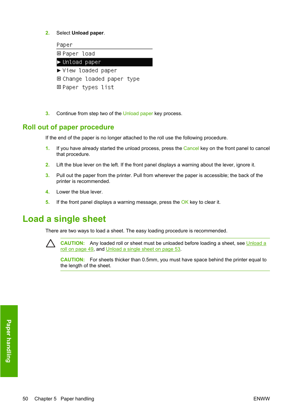Roll out of paper procedure, Load a single sheet | HP Designjet T1100 MFP series User Manual | Page 62 / 220