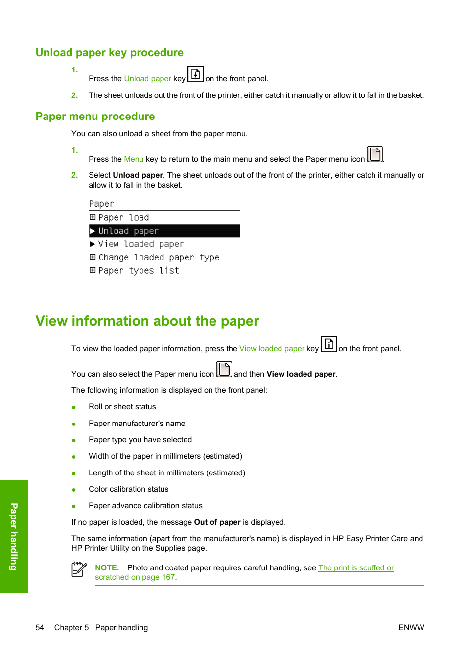 Unload paper key procedure, Paper menu procedure, View information about the paper | Unload paper key procedure paper menu procedure | HP Designjet T1100 MFP series User Manual | Page 66 / 220