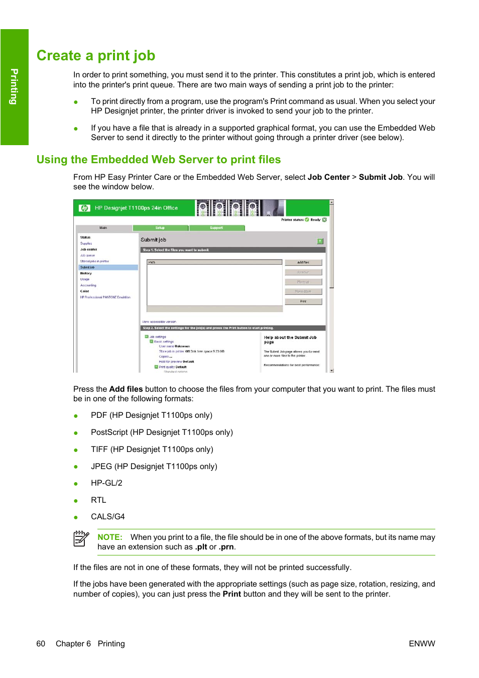 Create a print job, Using the embedded web server to print files | HP Designjet T1100 MFP series User Manual | Page 72 / 220