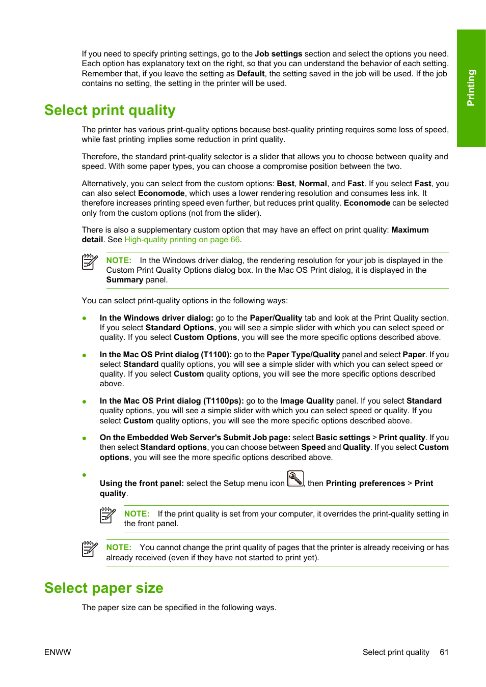 Select print quality, Select paper size, Select print quality select paper size | HP Designjet T1100 MFP series User Manual | Page 73 / 220