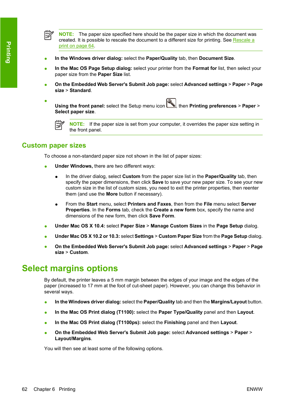 Custom paper sizes, Select margins options | HP Designjet T1100 MFP series User Manual | Page 74 / 220