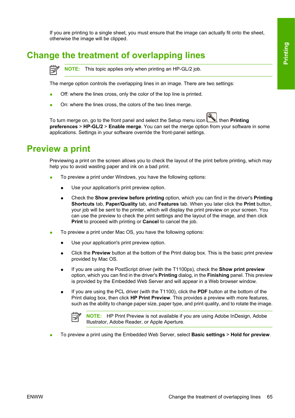 Change the treatment of overlapping lines, Preview a print | HP Designjet T1100 MFP series User Manual | Page 77 / 220