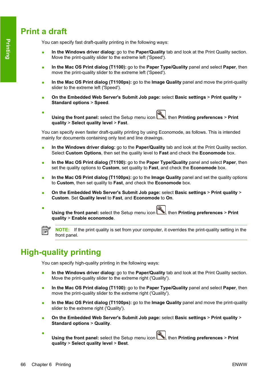 Print a draft, High-quality printing, Print a draft high-quality printing | HP Designjet T1100 MFP series User Manual | Page 78 / 220