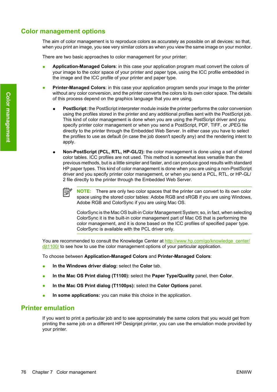 Color management options, Printer emulation, Color management options printer emulation | HP Designjet T1100 MFP series User Manual | Page 88 / 220