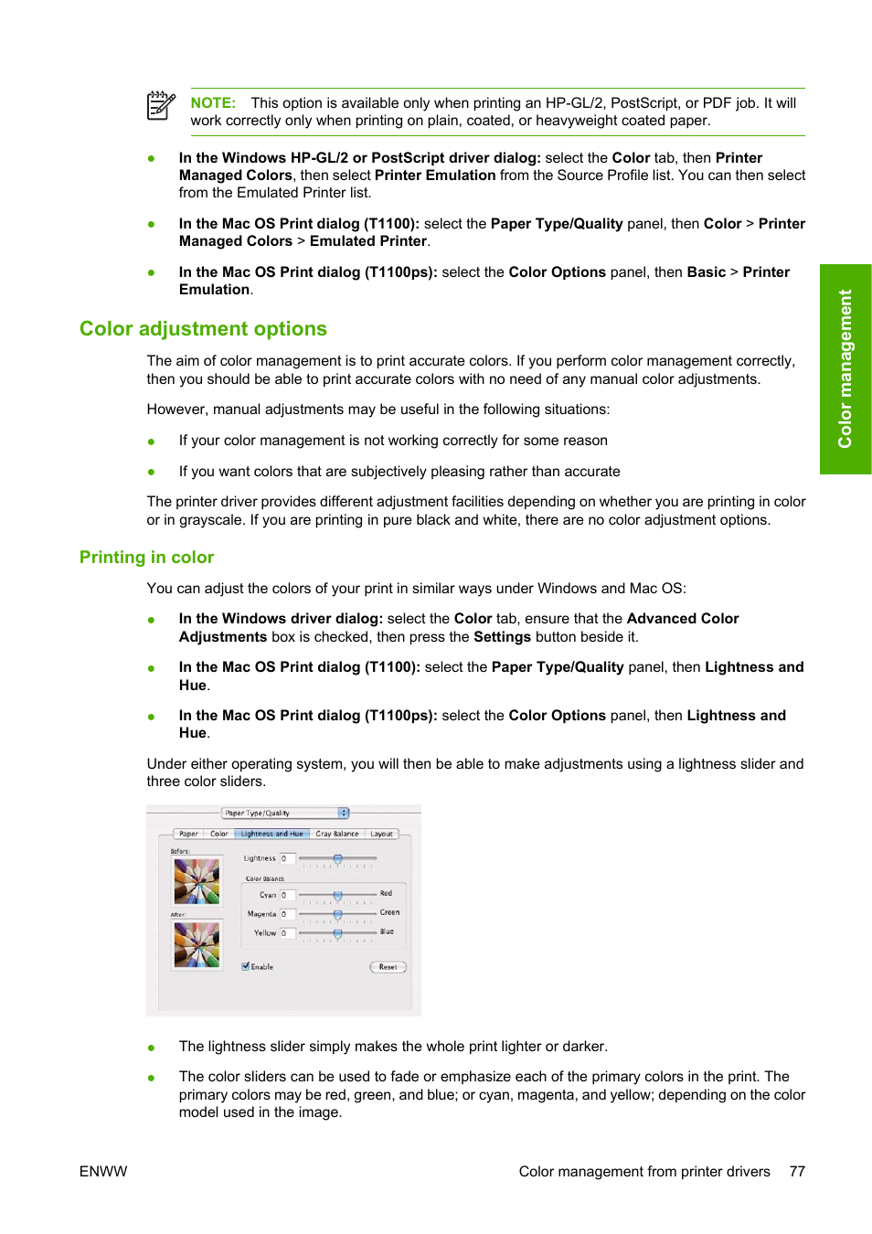 Color adjustment options, Printing in color | HP Designjet T1100 MFP series User Manual | Page 89 / 220