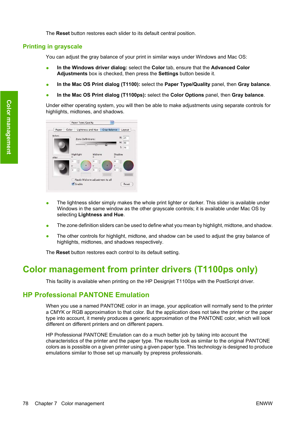 Printing in grayscale, Hp professional pantone emulation | HP Designjet T1100 MFP series User Manual | Page 90 / 220