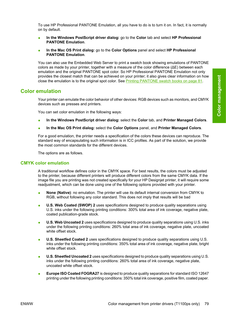 Color emulation, Cmyk color emulation | HP Designjet T1100 MFP series User Manual | Page 91 / 220